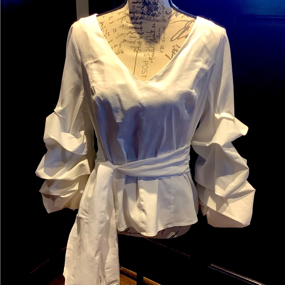 White cotton wrap blouse with rouched sleeves
